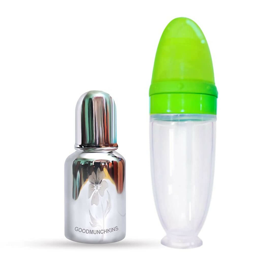 Goodmunchkins Stainless Steel Feeding Bottle With Spoon Food Feeder for Baby Anti Colic Silicon Nipple Feeder 150 ml Combo Pack-Green | Grocsy