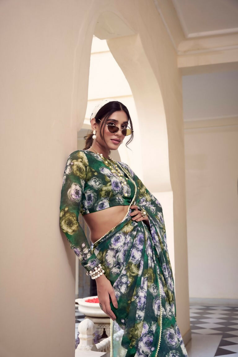 Vastranavya Green Weightless Marble Printed & Pearl Lace Border Saree with Unstitched Blouse | Grocsy