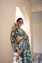 Vastranavya Green Weightless Marble Printed & Pearl Lace Border Saree with Unstitched Blouse | Grocsy