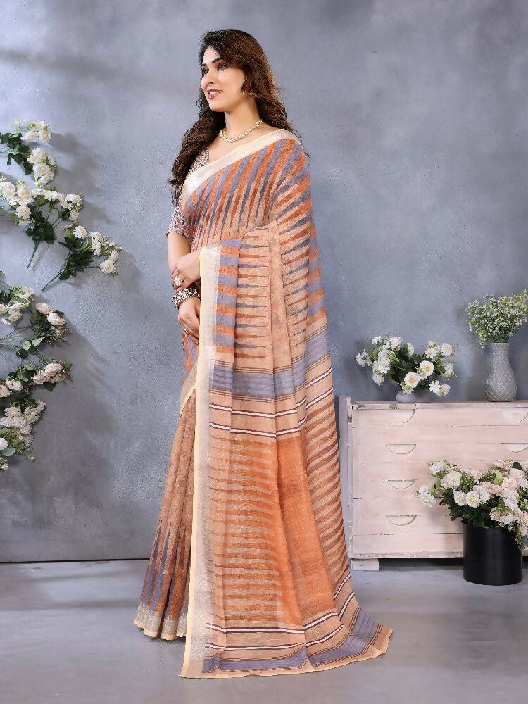PR Fashion Brown Handloom Linen Cotton Saree | Grocsy