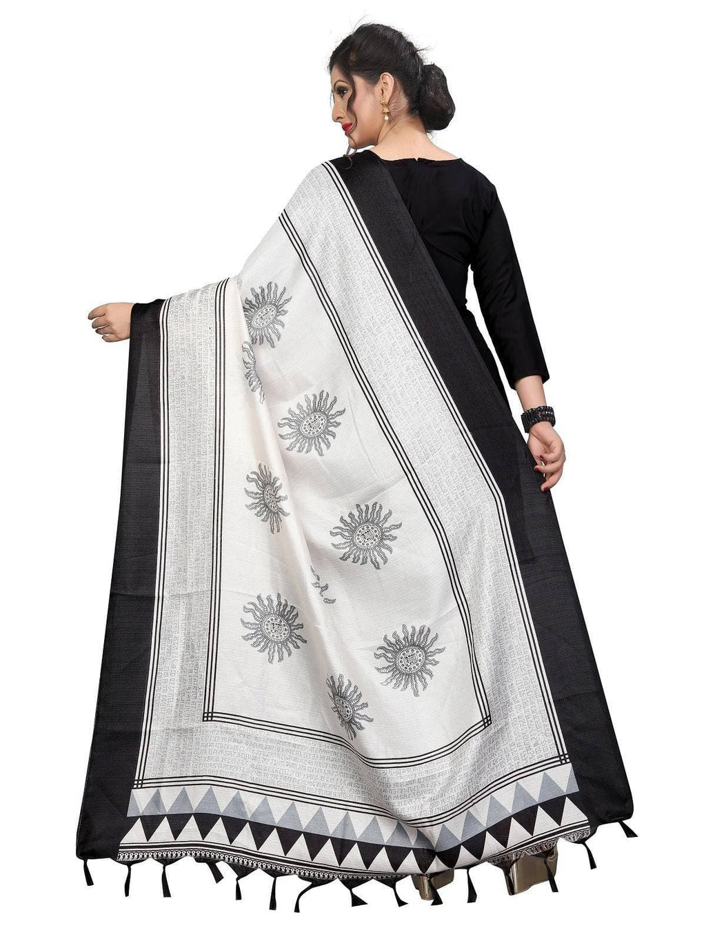 Vamika white and Black Printed Khadi Bhagalpuri Dupatta | Grocsy