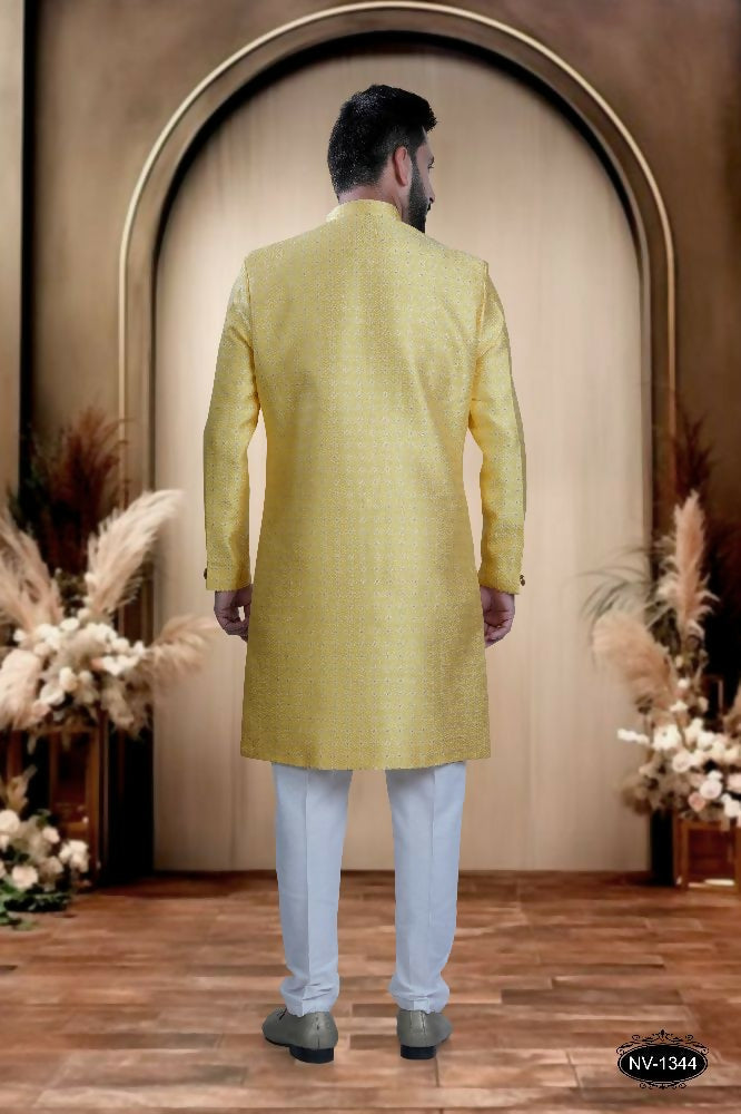 Joban Fashion Men's Yellow Brocade Kurta with Pyjama | Grocsy