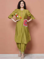 Women Republic Green Art Silk Embroidered Kurta with Afghani Salwar | Grocsy