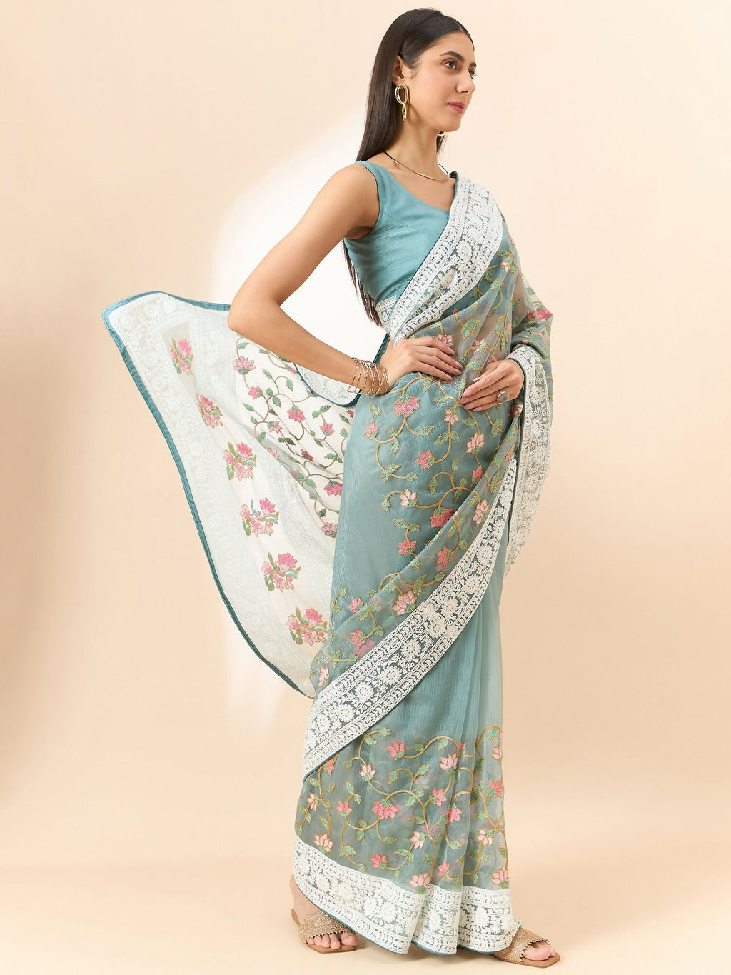 Blue Organza Floral Embroidered Saree with Unstitched Blouse Piece - Roozal | Grocsy