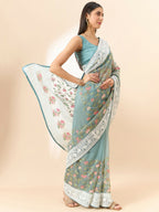 Blue Organza Floral Embroidered Saree with Unstitched Blouse Piece - Roozal | Grocsy