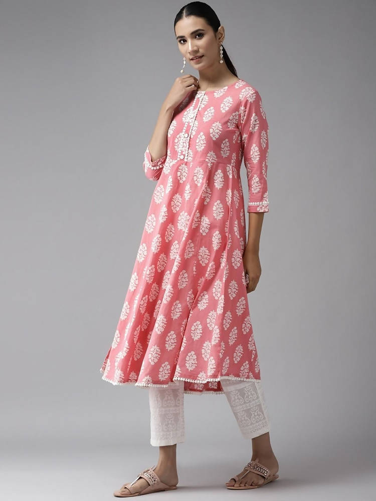 Yufta Pink and White Block Print A-line kurta with Palazzo & Dupatta Set | Grocsy