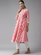 Yufta Pink and White Block Print A-line kurta with Palazzo & Dupatta Set | Grocsy