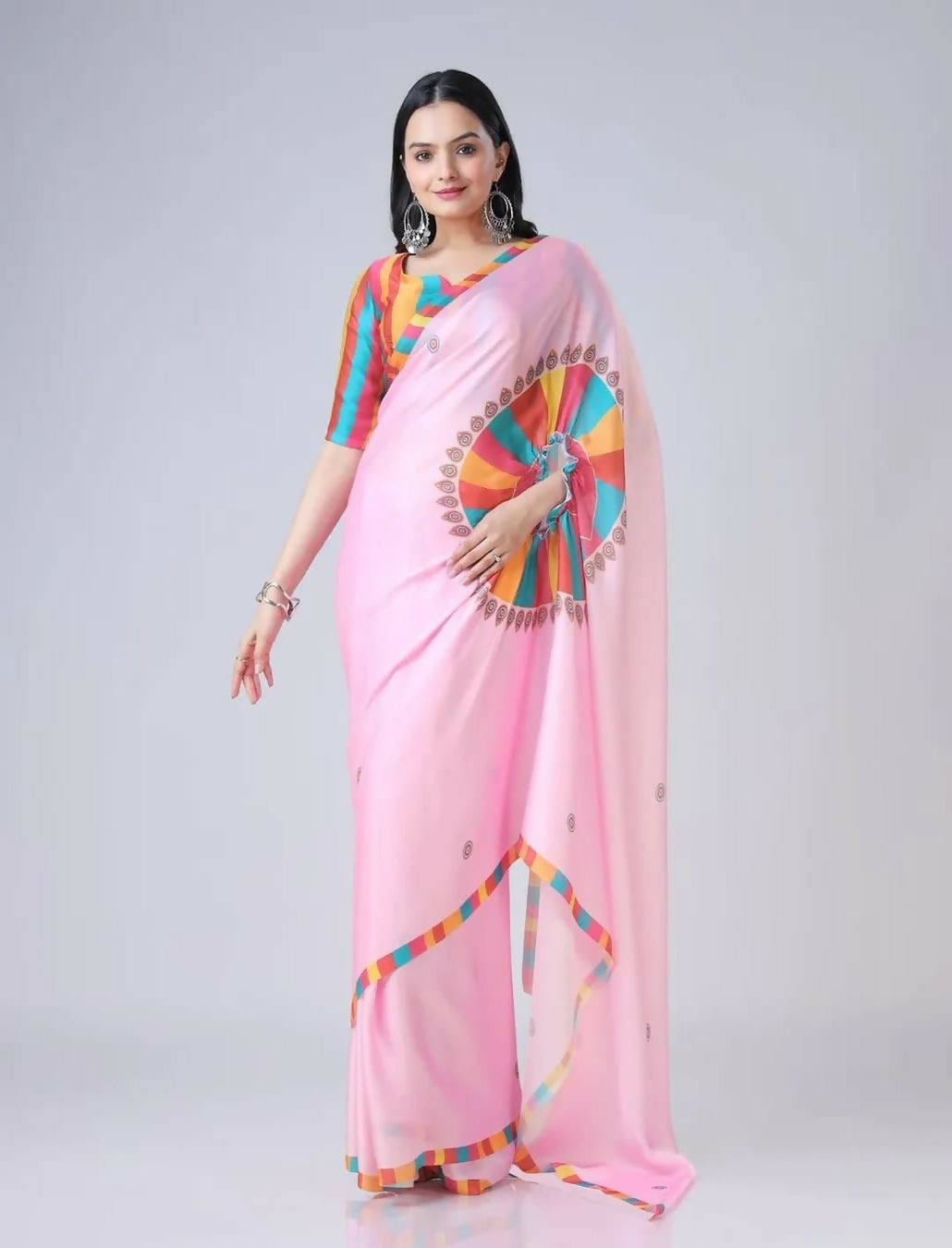 Vastranavya Baby Pink Ready to Wear Festive Print Free Hand Saree | Grocsy
