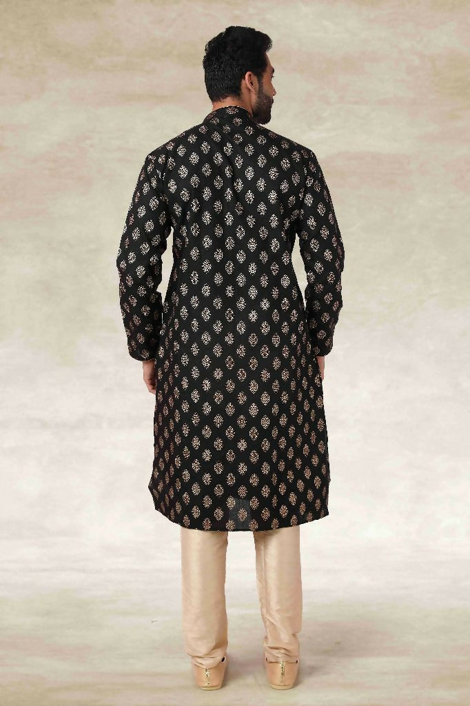 Raivat Ethnic Cotton Printed Work Kurta Pajama In Black Colour | Grocsy