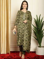 Jyoti Fashion Women's Green Pashmina Floral Digital Printed Kurta with Trouser & Dupatta | Grocsy
