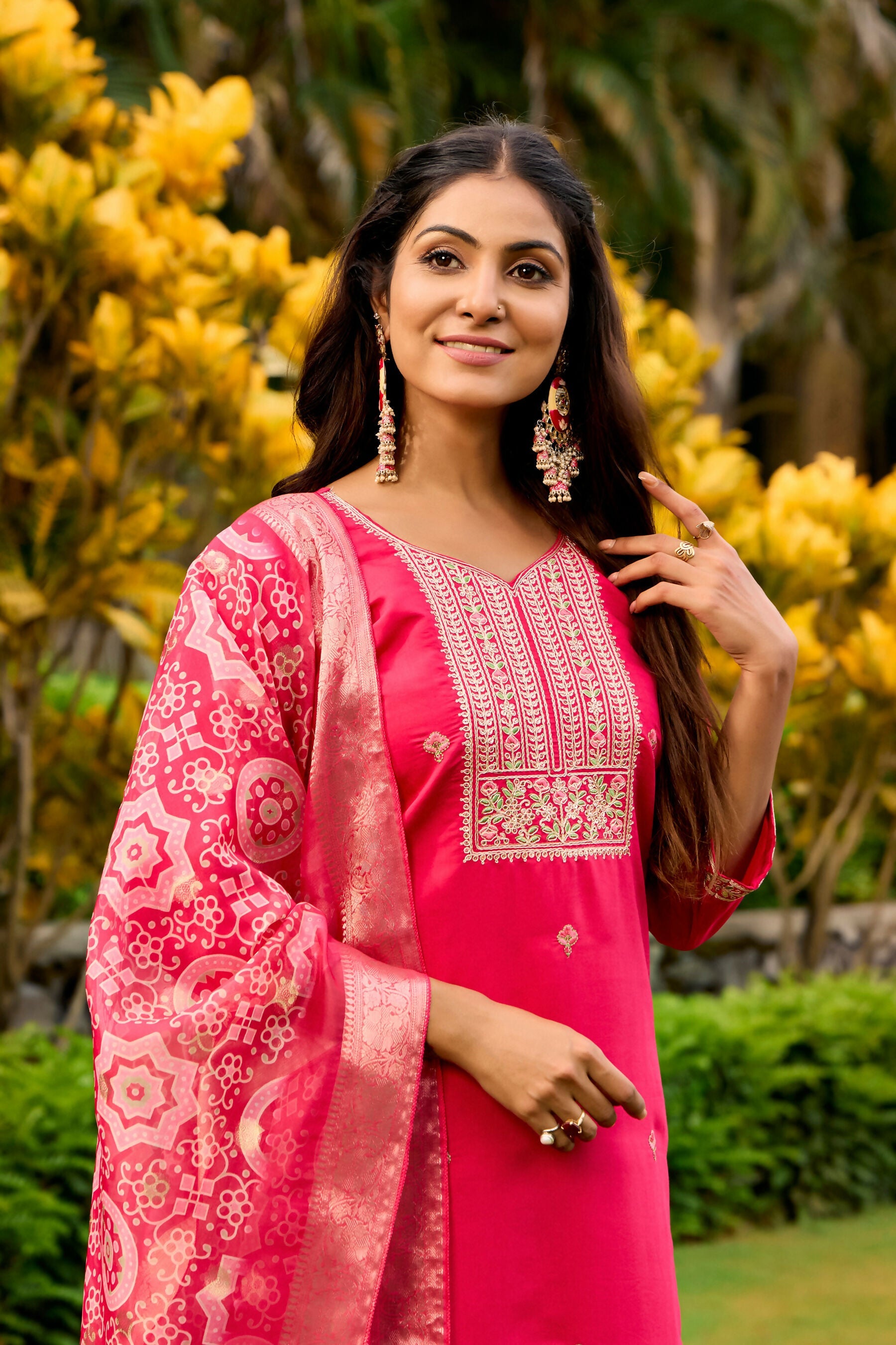 The52 Women's Beautiful Embroidery Work Roman Fabric Straight Kurta Pant and Dupatta Set | Grocsy