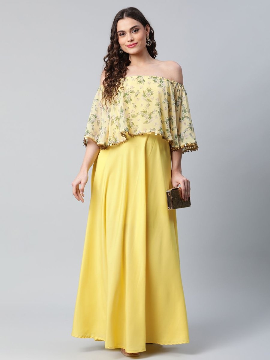 Ahalyaa Women Crepe Printed Yellow Dress | Grocsy
