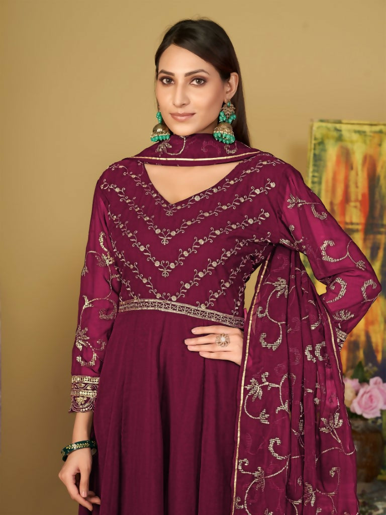 Jyoti Fashion Women's Rani Pink Georgette Embroidered Anarkali Kurta Pant Set With Dupatta | Grocsy