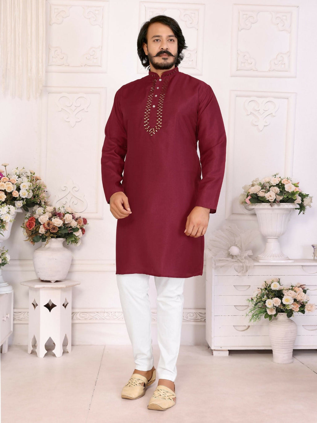 Anaita Maroon Silk Straight Kurta With Neck Mirror Work | Grocsy