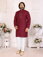 Anaita Maroon Silk Straight Kurta With Neck Mirror Work | Grocsy