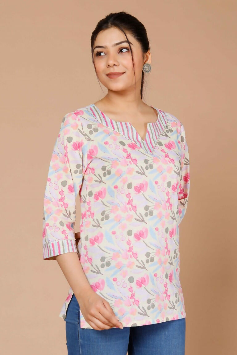 Miravan Women's Floral Printed Pure Cotton Pink Kurti | Grocsy
