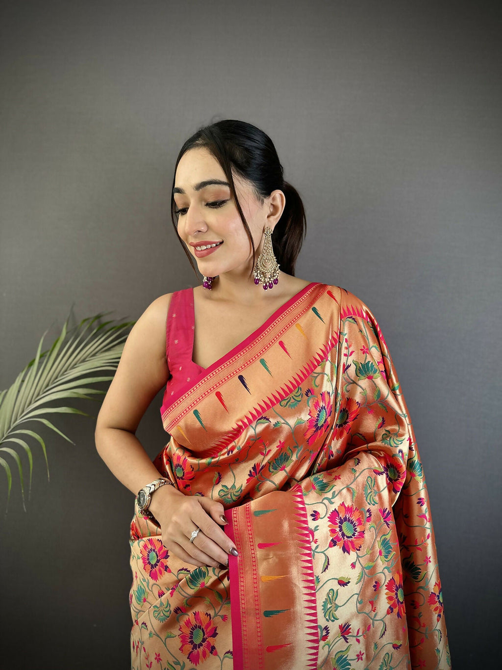 Joban Fashion Rani Pink Floral Vine Pattern Soft Silk Paithani Saree | Grocsy