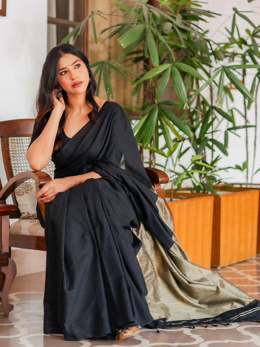 Zibaa Black & Gold Mul Cotton Saree | Grocsy