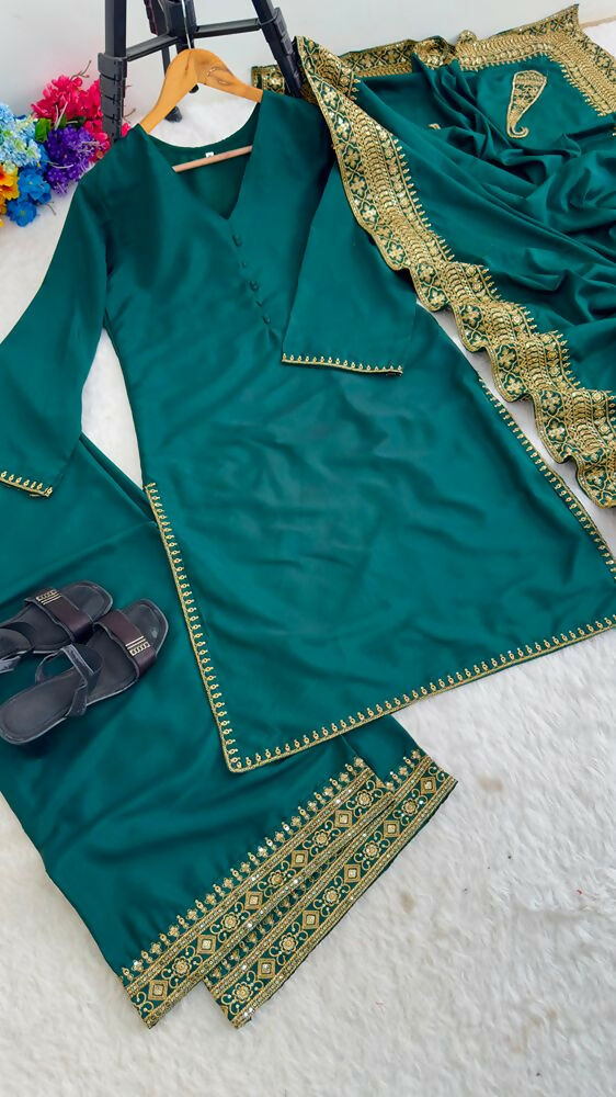 Teeya Creation New Latest Stylish Classic Rama Festive Kurta Set with Gold Zari Border Palazzo and Dupatta | Grocsy