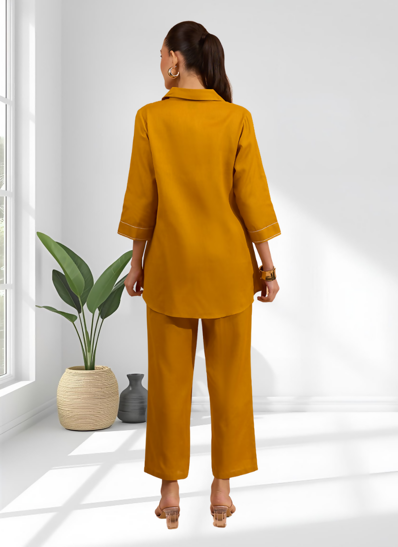 Joban Fashion Mustard Cotton, Linen Embroidered Readymade Cord Set | Grocsy