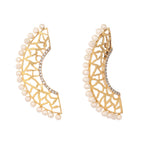 Nuyug 22K Gold-Plated Zircon Studded & Pearl Beaded Contemporary Shaped Statement Stud Earrings | Grocsy