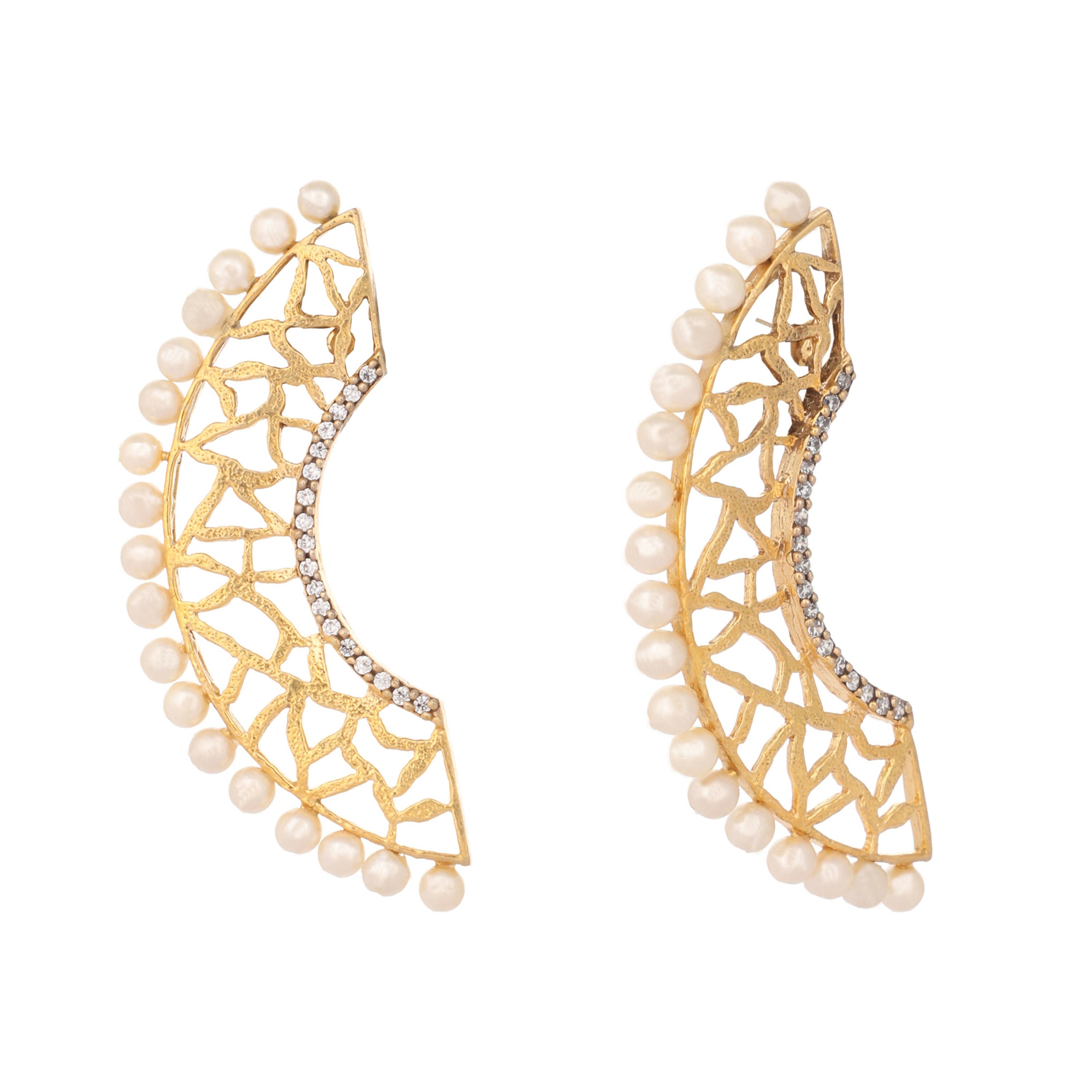 Nuyug 22K Gold-Plated Zircon Studded & Pearl Beaded Contemporary Shaped Statement Stud Earrings | Grocsy