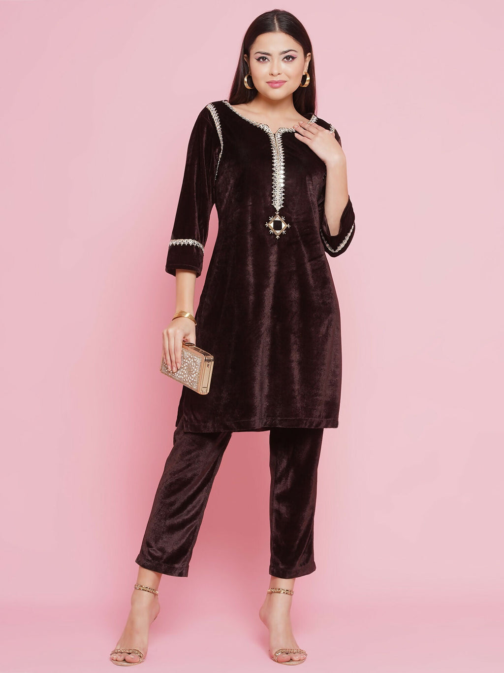 Joban Fashion Brown Mirrior Work Velvet Coord Set | Grocsy