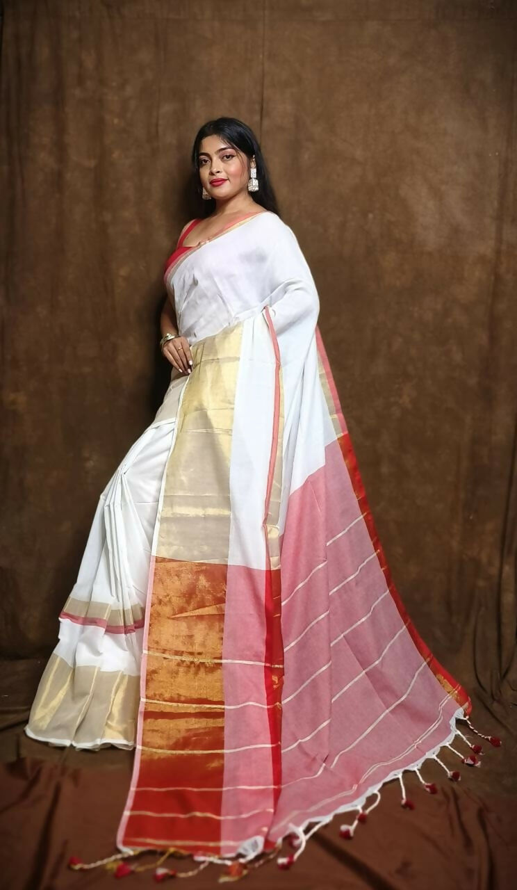 Exclusive Collection White Red Pure Cotton Handloom Gorgeous Saree | Grocsy