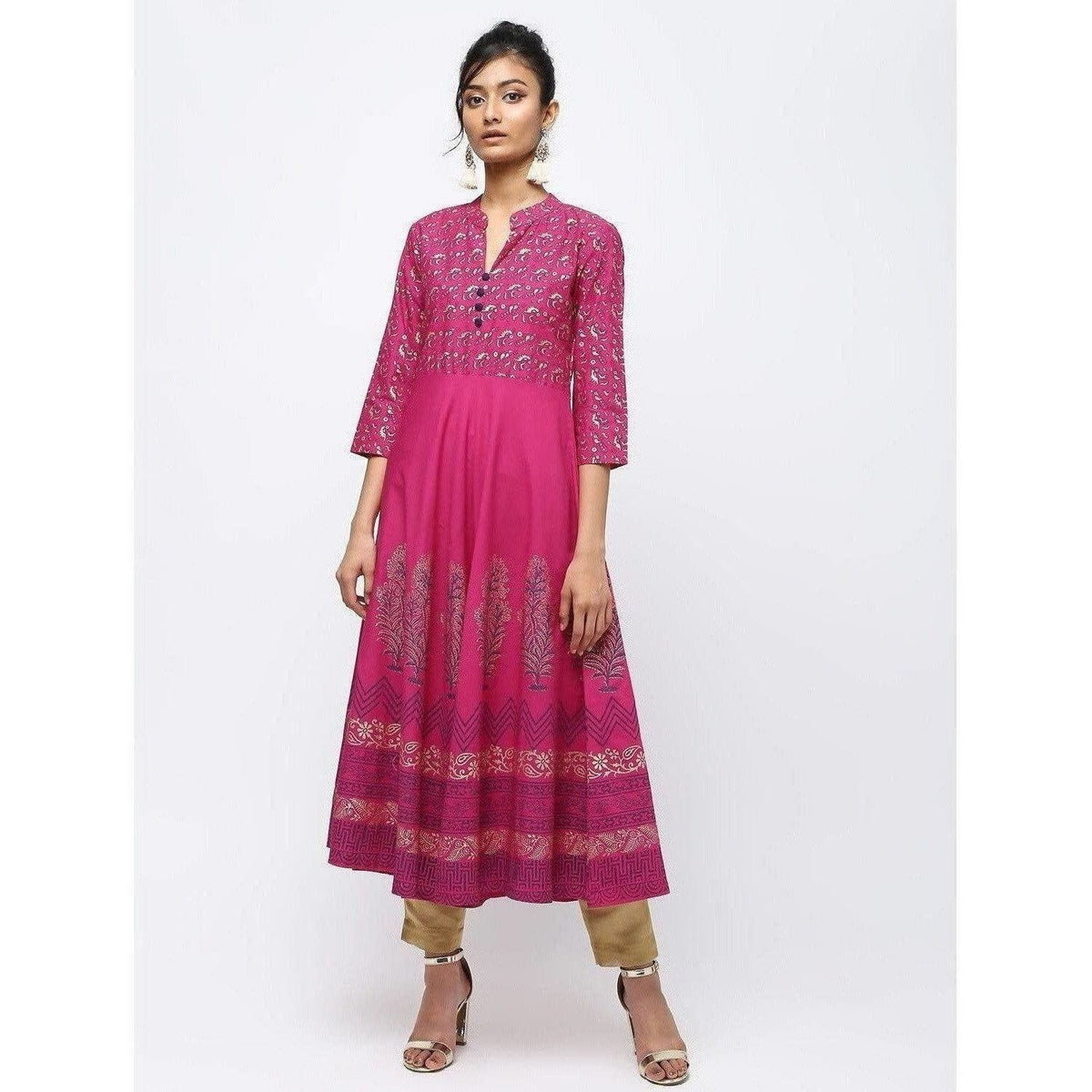 Cheera Flair Anarkali With Colorful Print Pink Colour Kurta | Grocsy