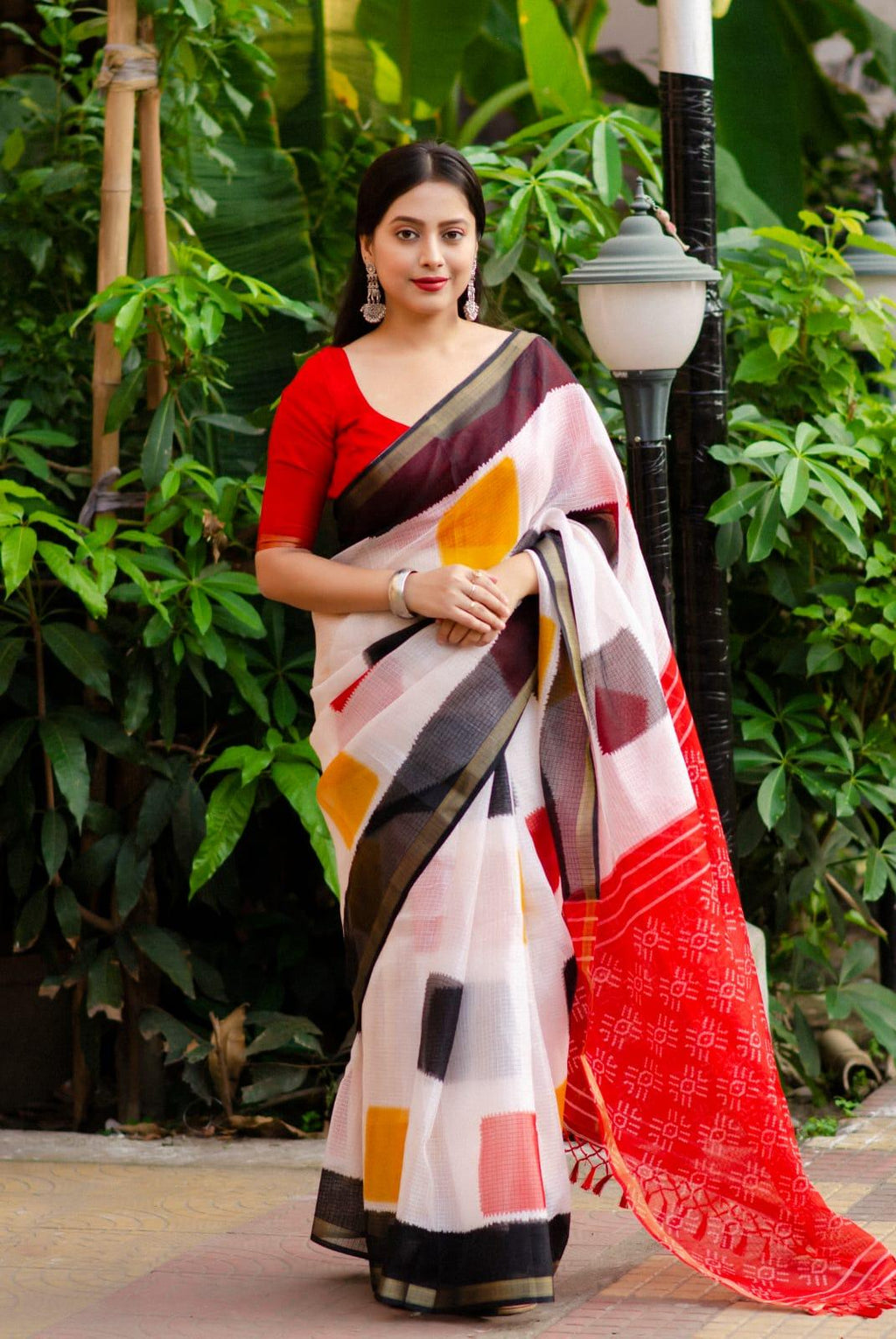 White Polycotton Ethnic Motifs Saree with Unstitched Blouse - Hiral Fashion | Grocsy