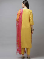 Yufta Women Mustard Yellow Layered Thread Work Kurta with Trouser and Dupatta | Grocsy