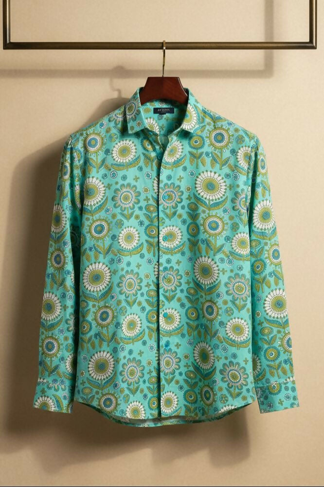 Turiya — Teal Ajrakh Cotton Shirt by Hilo Design | Grocsy