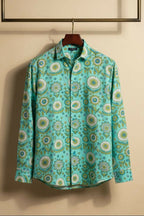 Turiya — Teal Ajrakh Cotton Shirt by Hilo Design | Grocsy