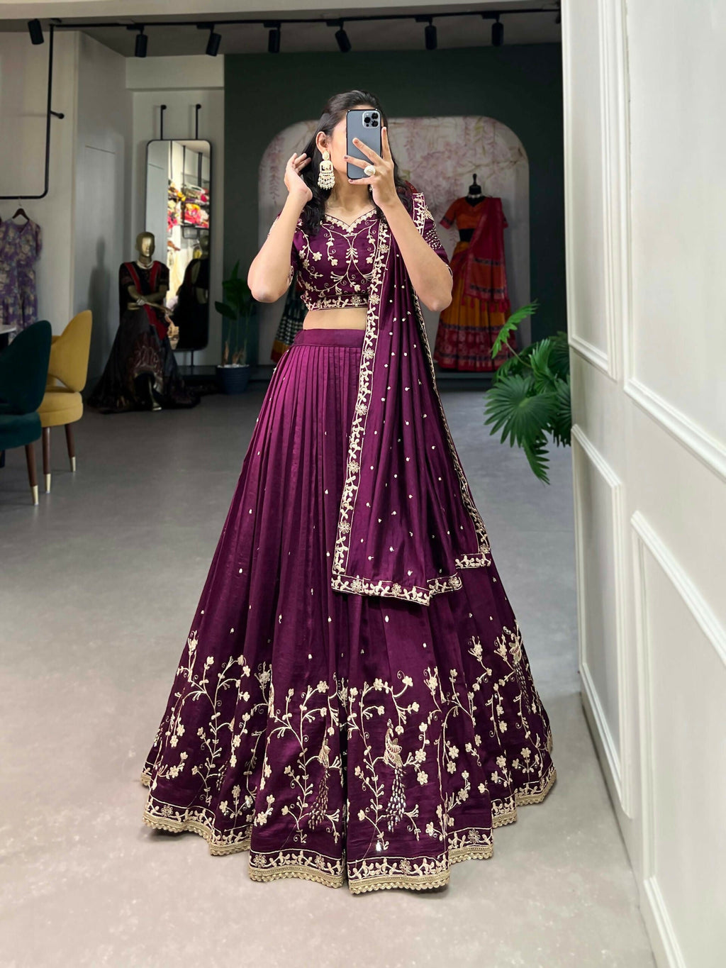 Vastranavya Vichitra Silk Sequins And Thread Embroidery Work Lehenga Choli - Wine | Grocsy