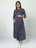 Manet Three Fourth Maternity Dress White Dot Print With Concealed Zipper Nursing Access - Navy Blue | Grocsy