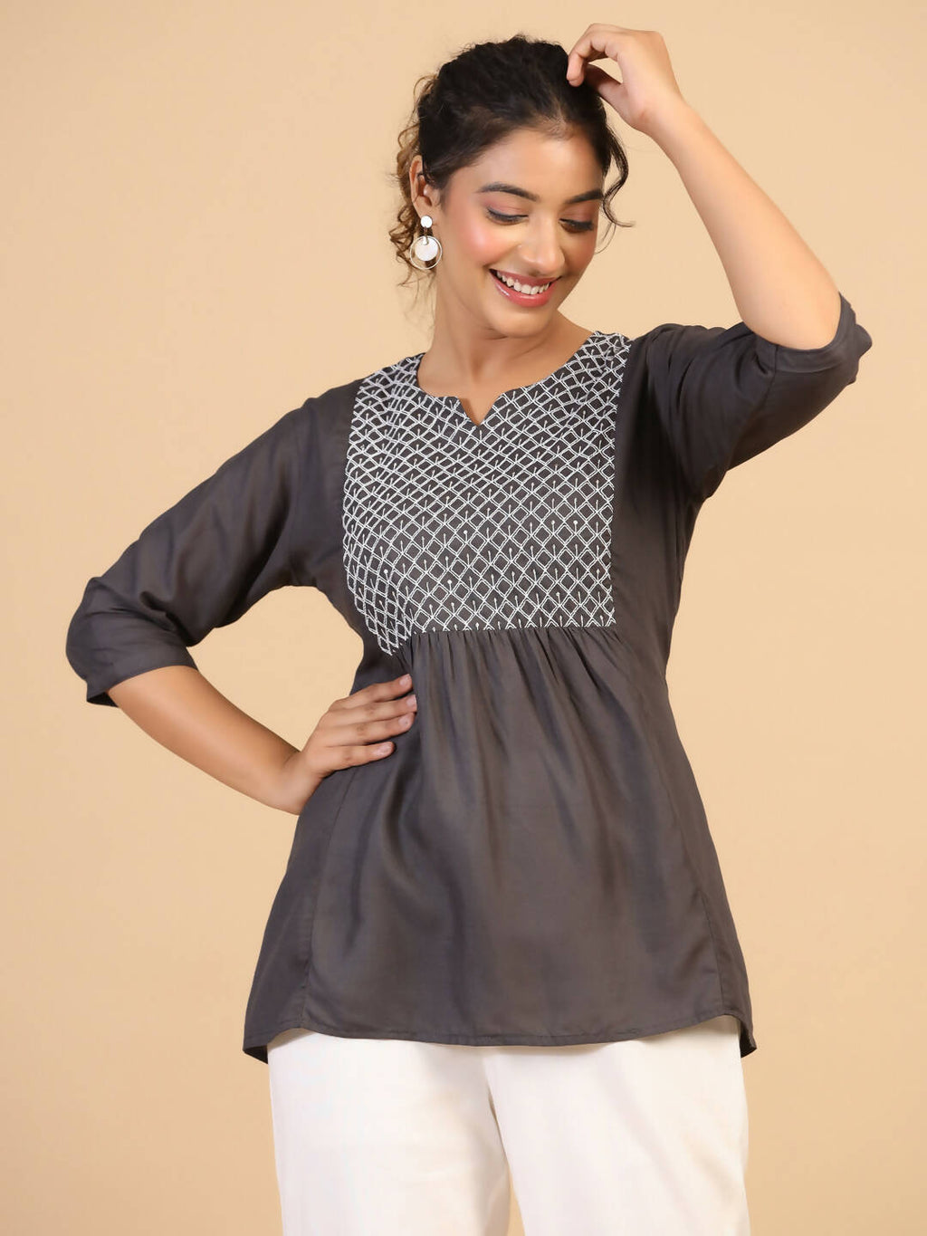 Womens Grey Rayon Yoke Embroidered Top - Keeva | Grocsy