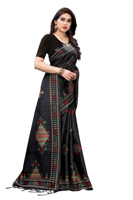 Vamika Black Kalamkari Print With Jhalar Khadi Silk Saree (KITE BLACK) | Grocsy
