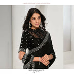 Black Crepe Satin Silk Sequence & Handwork Saree With Unstitched Blouse - Norita Saanjh | Grocsy