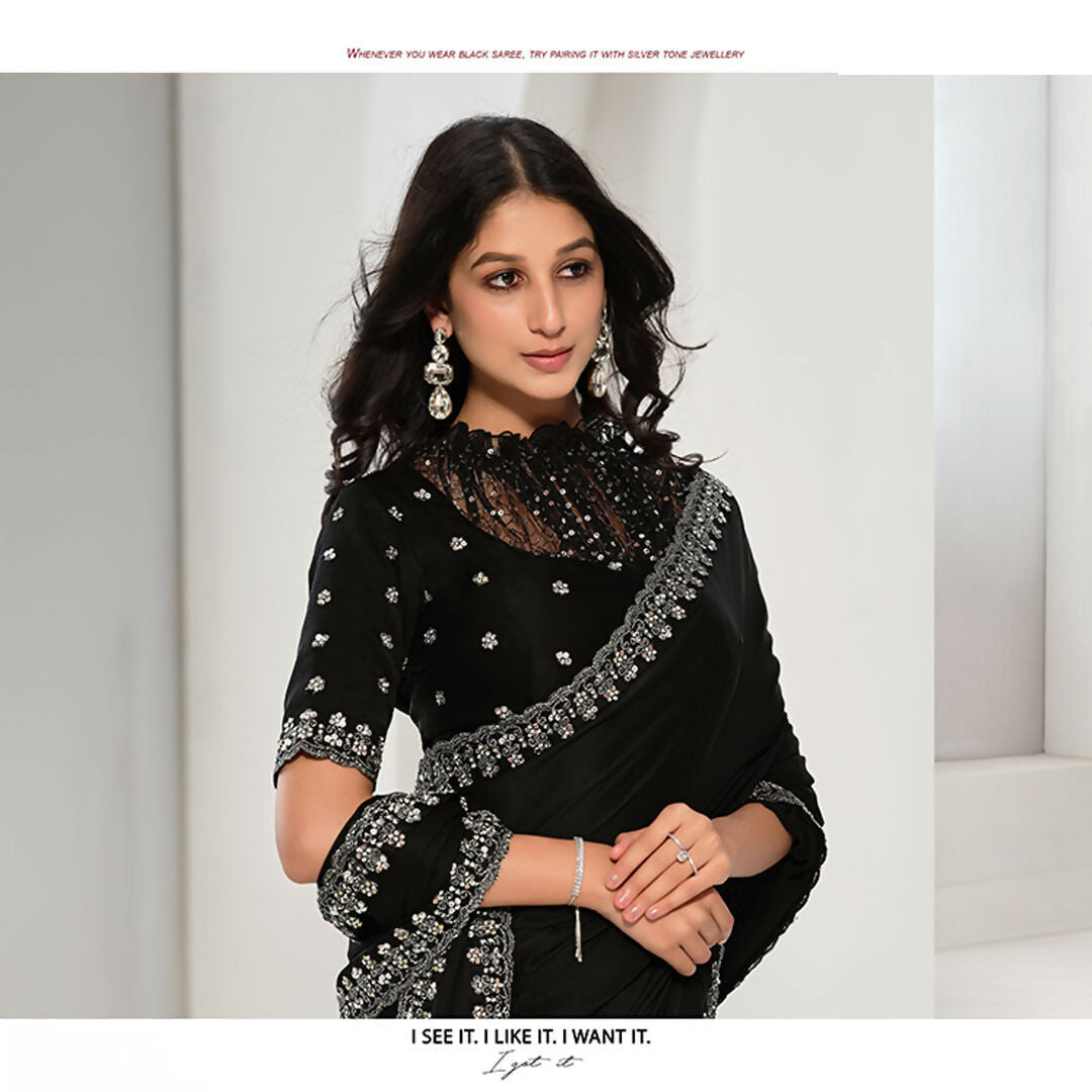 Black Crepe Satin Silk Sequence & Handwork Saree With Unstitched Blouse - Norita Saanjh | Grocsy