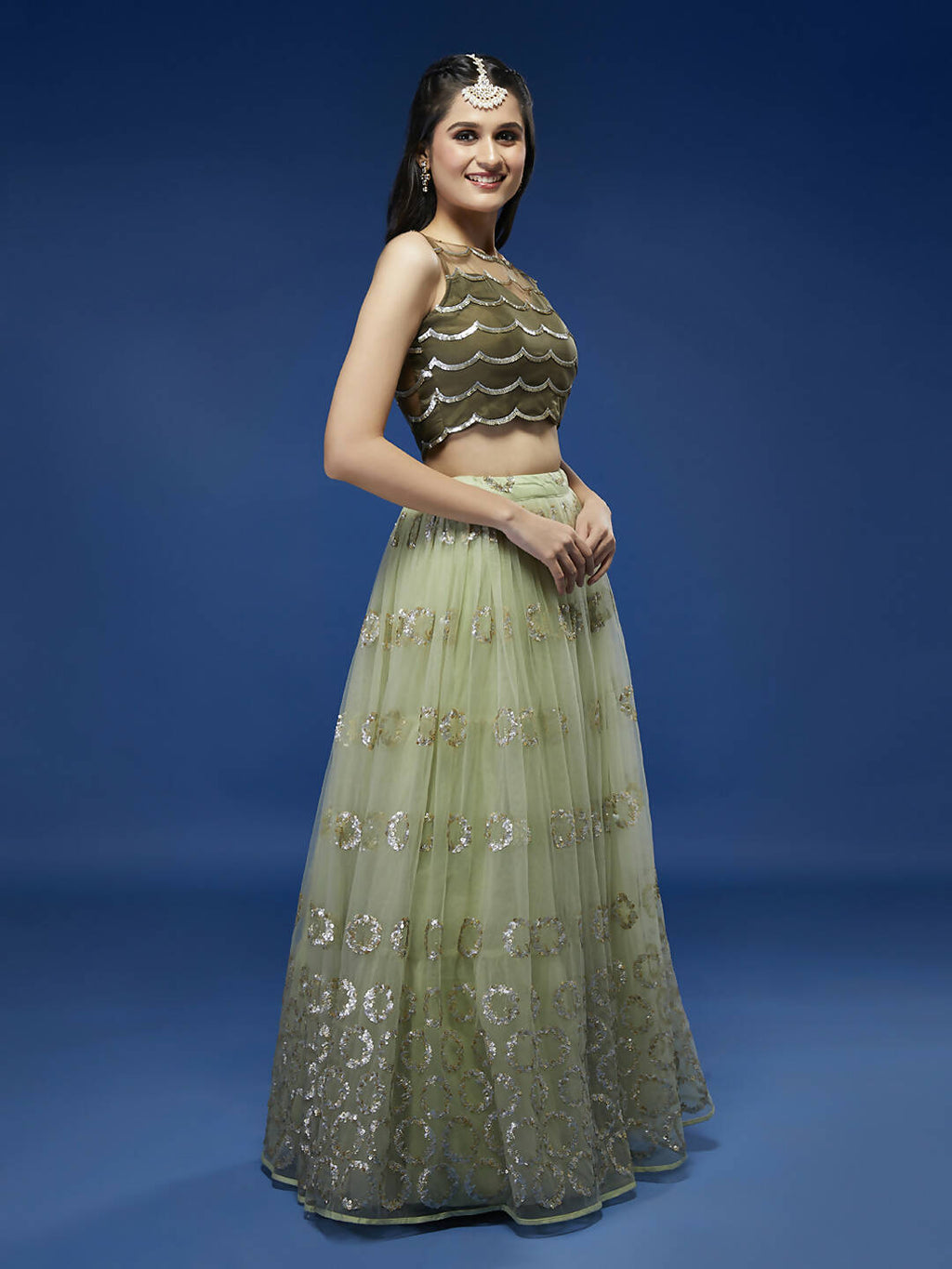 House of Panchhi Lime Green Net Embroideried Round Sequins Lehenga | Grocsy