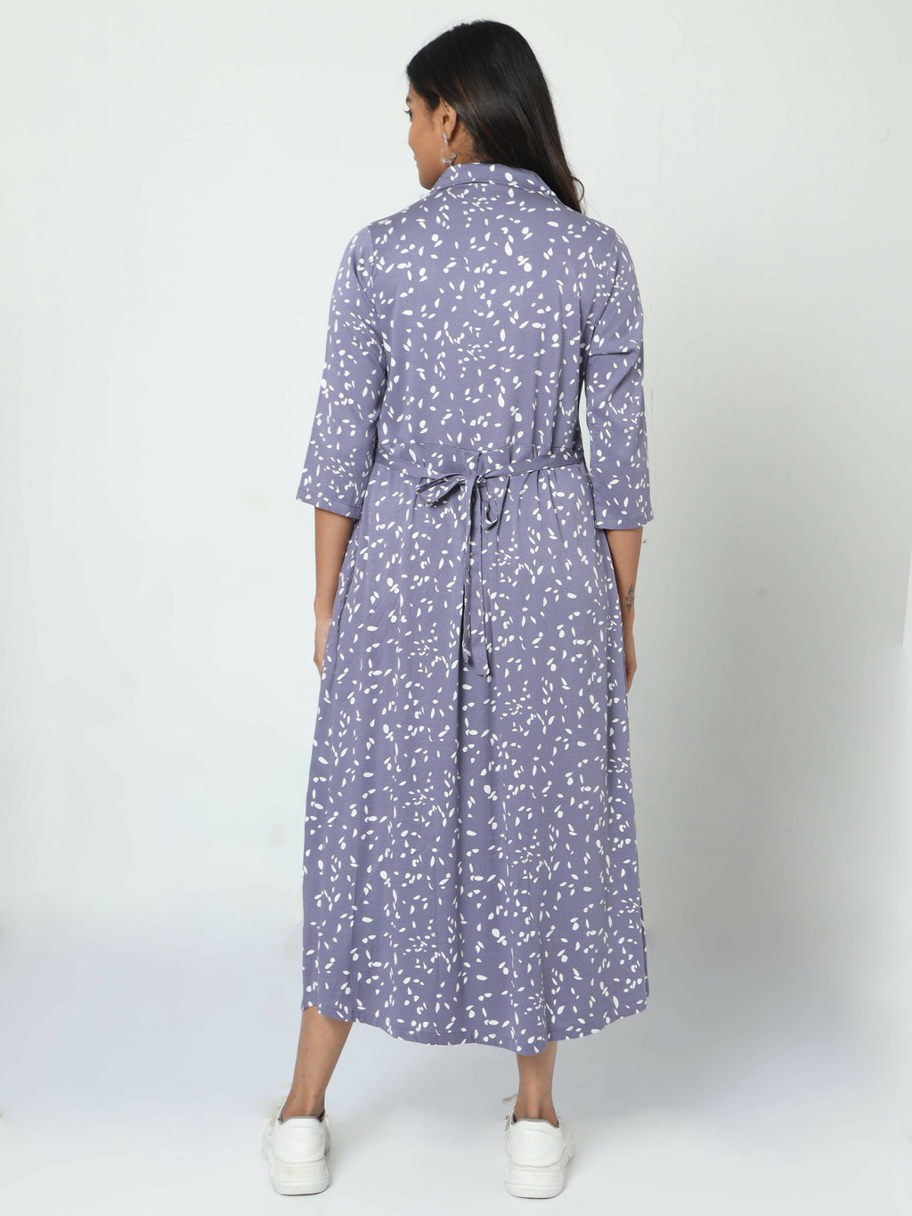 Manet Three Fourth Maternity Dress White Dot Print With Concealed Zipper Nursing Access - Blue | Grocsy
