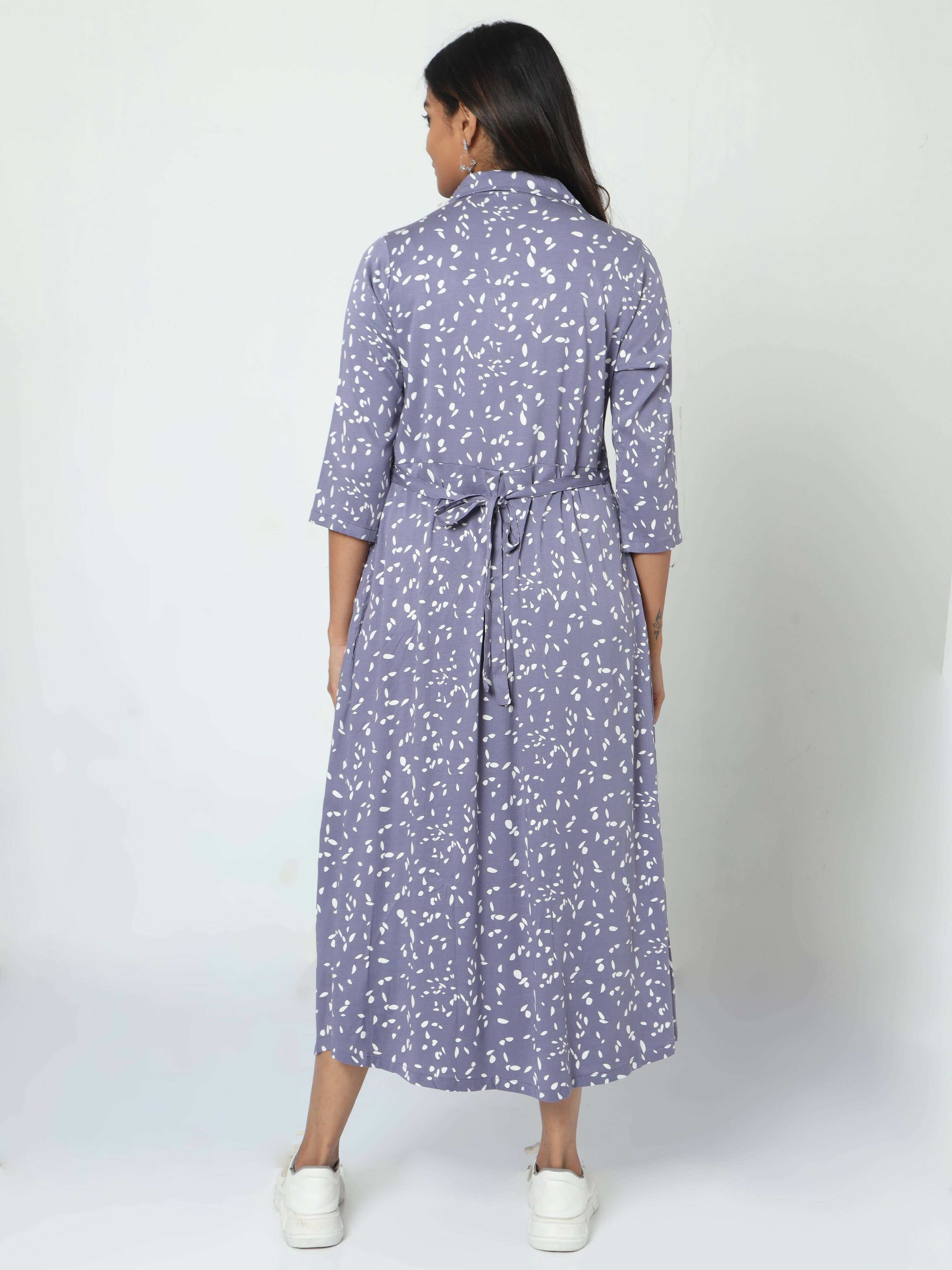 Manet Three Fourth Maternity Dress White Dot Print With Concealed Zipper Nursing Access - Blue | Grocsy