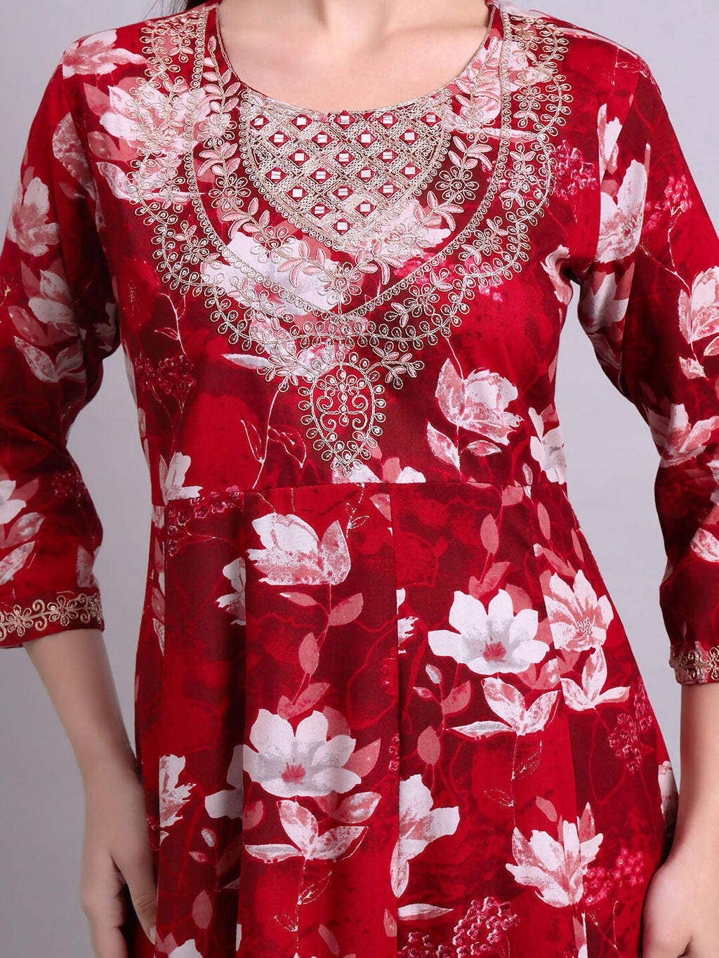 Joban Fashion Mahroon Cotton Floral Printed & Embroidery Work Anarkali Kurta With Trousers & Dupatta Set | Grocsy