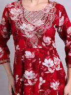 Joban Fashion Mahroon Cotton Floral Printed & Embroidery Work Anarkali Kurta With Trousers & Dupatta Set | Grocsy