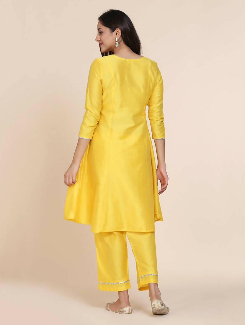 Cheera Women's Yellow Silk Blend With Gota Work Frock Dress With Silk Straight Pant Set | Grocsy