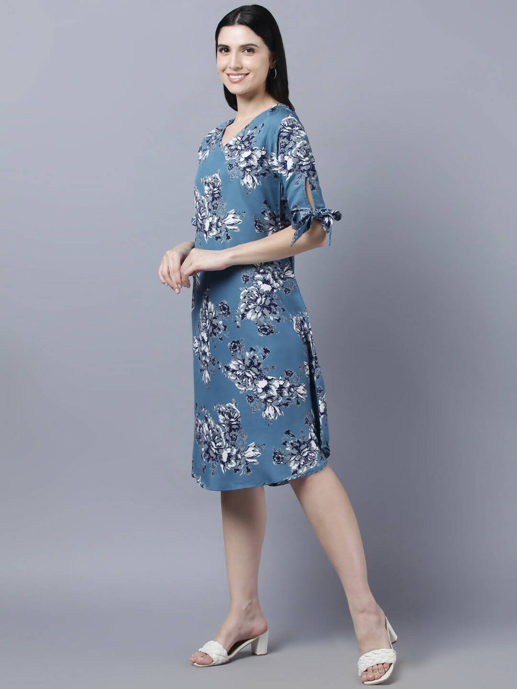 Myshka Women Teal Blue Grey Printed A-line Dress | Grocsy