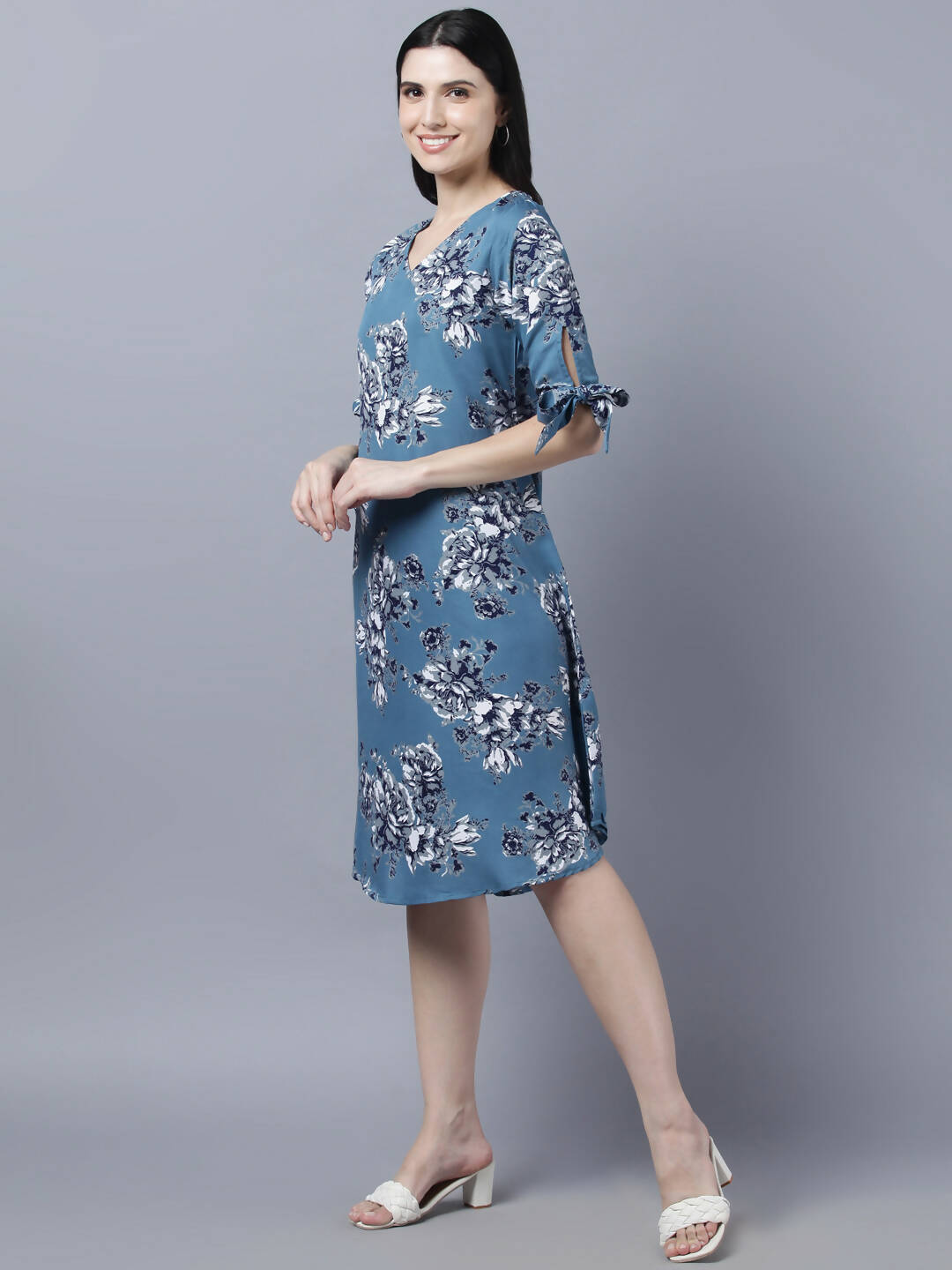 Myshka Women Teal Blue Grey Printed A-line Dress | Grocsy