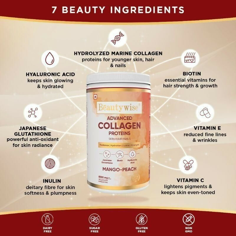 Beautywise Advanced Marine Collagen Anti-Aging Powder - Glutathione, HA & Biotin - Mango-Peach | Grocsy