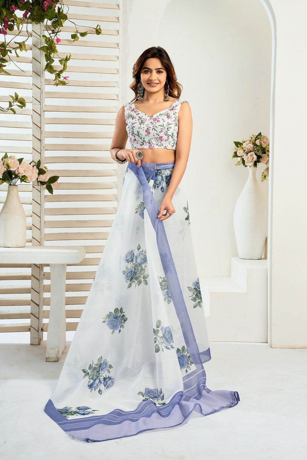 Vastranavya Blue Digital Printed Linen Ready To Wear Designer Saree with Unstitched Blouse | Grocsy