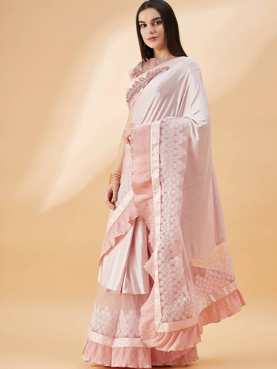 Pink Lycra Frill Details, Hand Embroidered Brooch Saree - Norita Hit Design | Grocsy